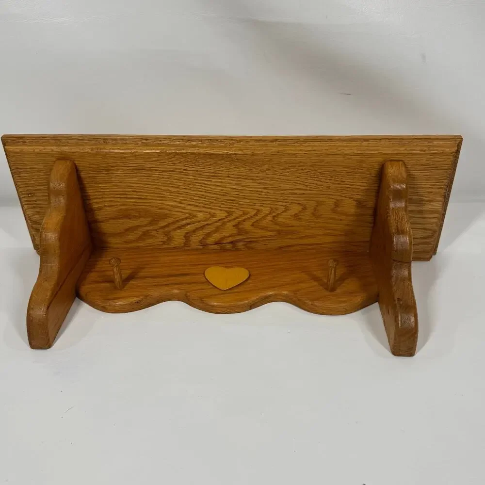 Vintage Solid Oak Wall Shelf Heart Inlay Peg Rack Country Farmhouse Plate Cutout
